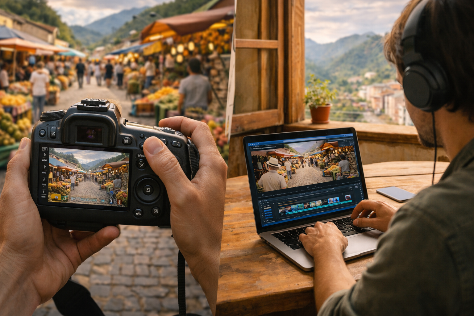 Fotógrafo e editor trabalhando uma cena nas ruas