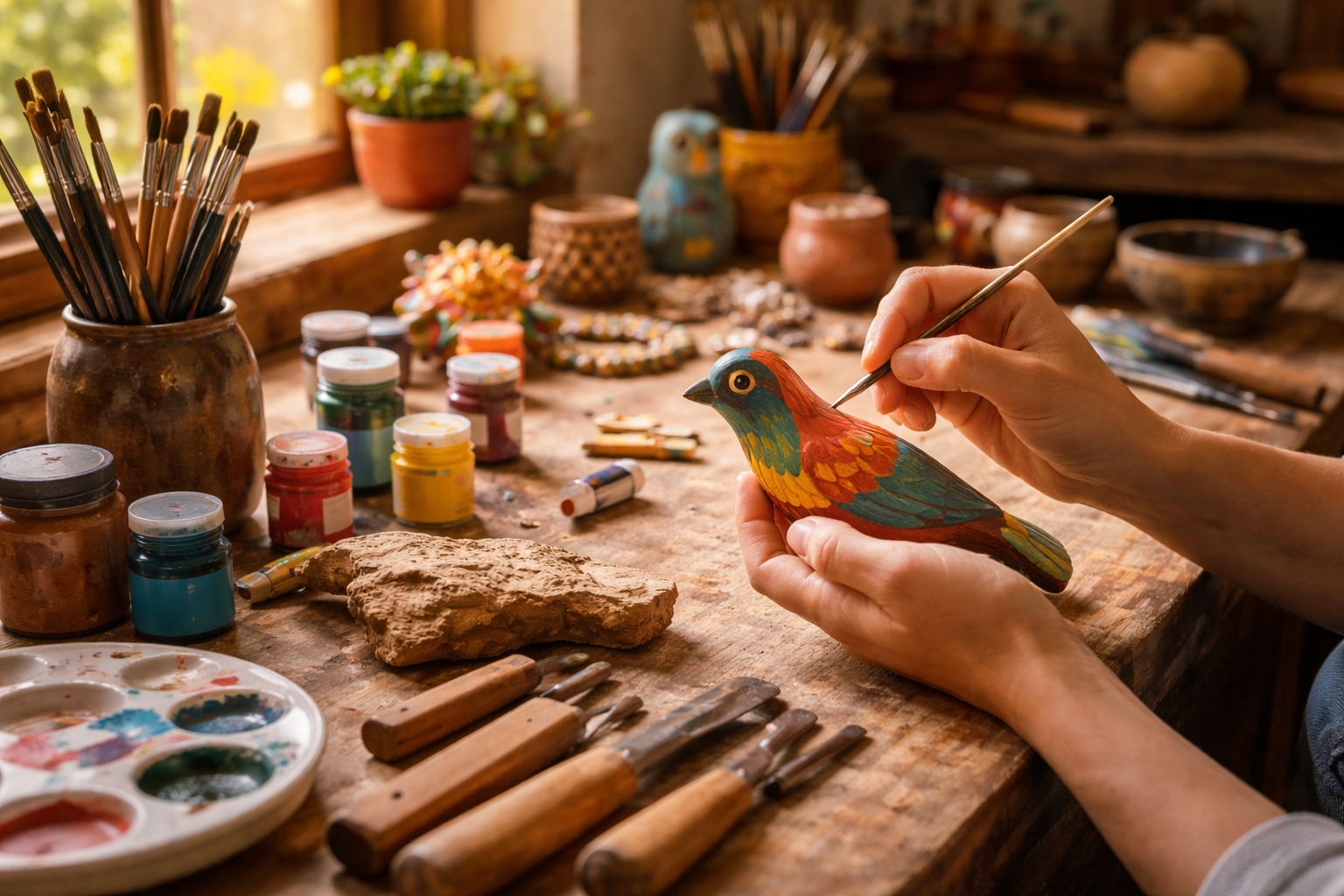 Mãos pintando um passarinho de madeira