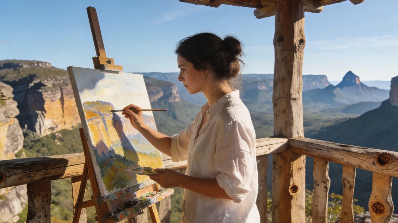 Mulher pintando uma paisagem colorida