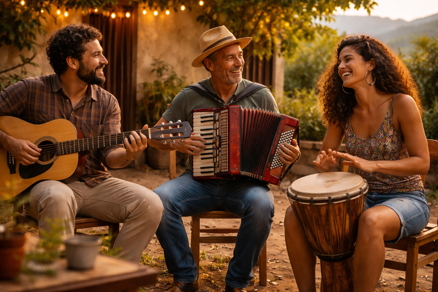 Três pessoas tocando instrumentos musicais